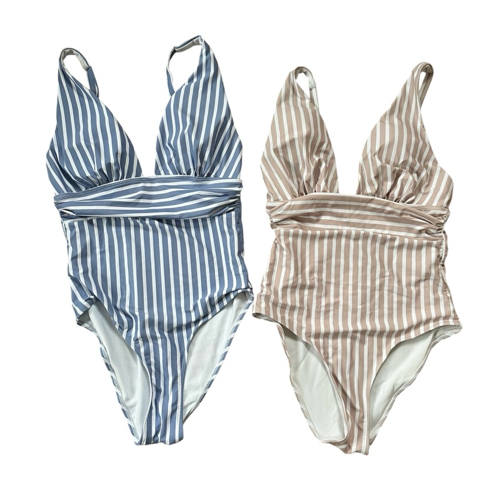 SHEIN Bundle- 2 Identical Striped One-Piece Adjustable Straps Padded Swimsuits M